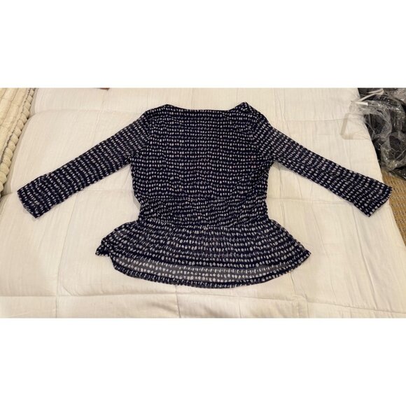 Always Indigo Womens M V-Neck Peplum Blouse Navy/White Patterned Lace-Up - Picture 4 of 8